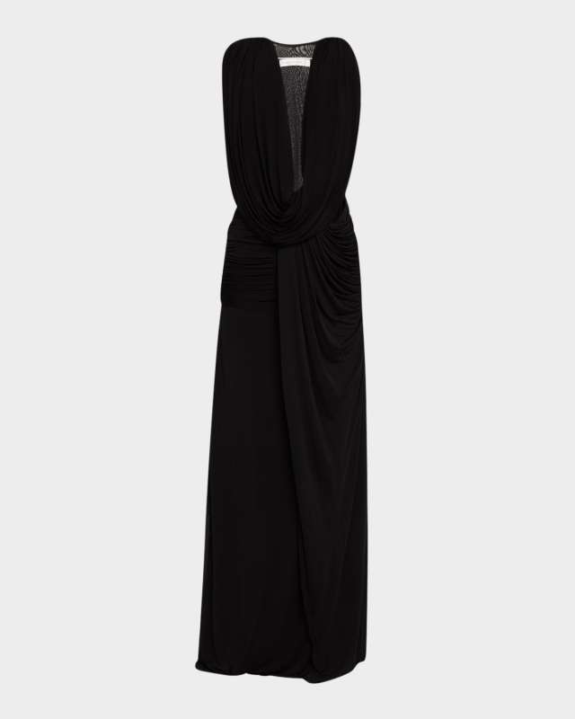 Plunging Fusion Ruched T-Back Gown